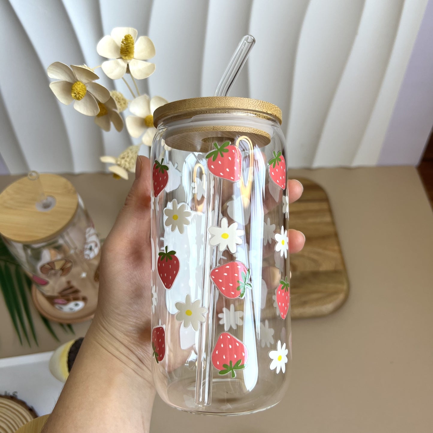 1pc Adorable Strawberry Hello Kitty Handcrafted UV-Resistant Coffee Tumbler Set - Complete with Glass Straw & Brush for Effortless Cleaning - Perfect for Catered Events and Everyday Sipping