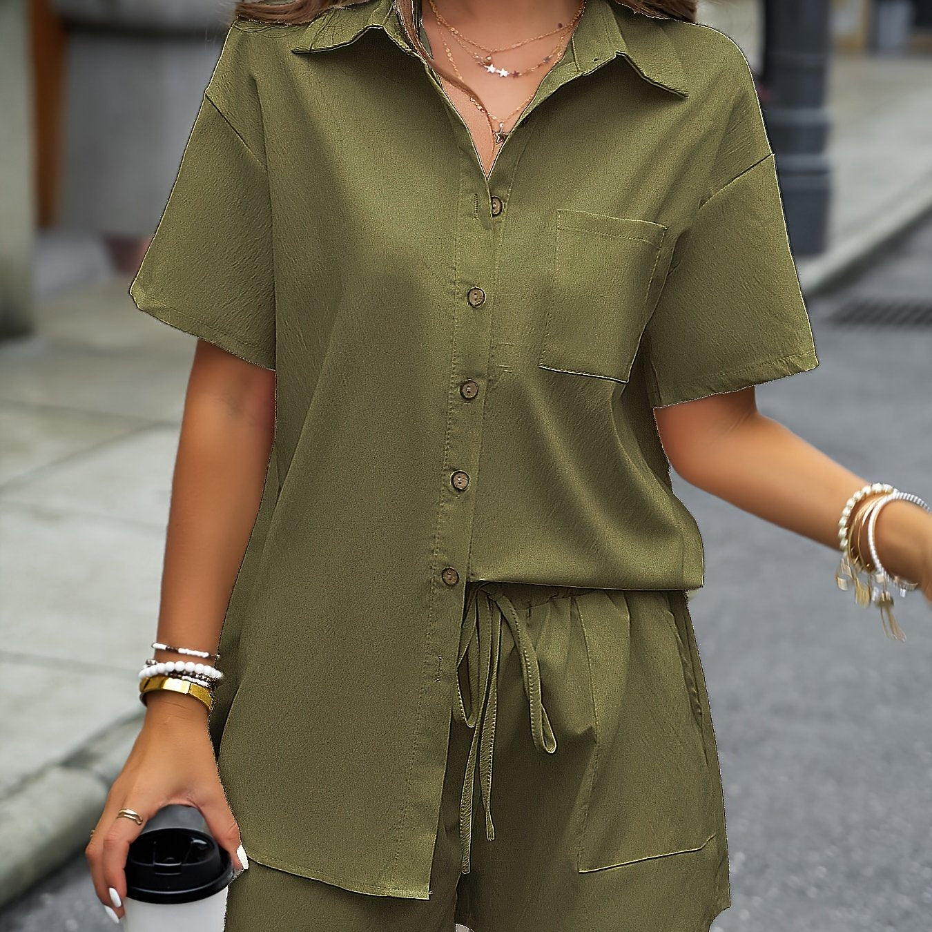 Two-Piece Solid Casual Outfit Set - Elegant Button Front Turn Down Collar Mid-Length Shirt & Drawstring Elastic Waist Shorts - Polyester Woven, Spring/Summer Wear, No Sheer, No Printing, Lace-Up Closure