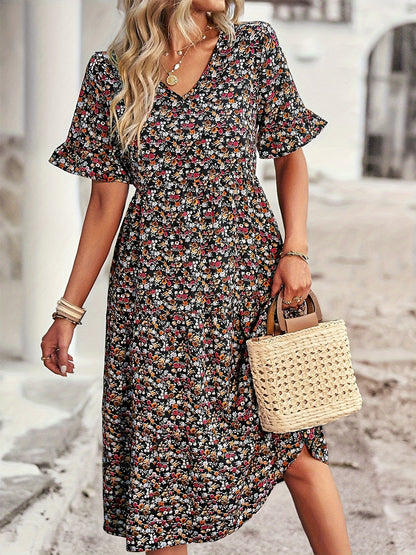 Plus Size Charming Ditsy Print Smock Dress - Flattering V Neck, Short Sleeves, Flowy Midi Length - Fashionable Casual Style for Women