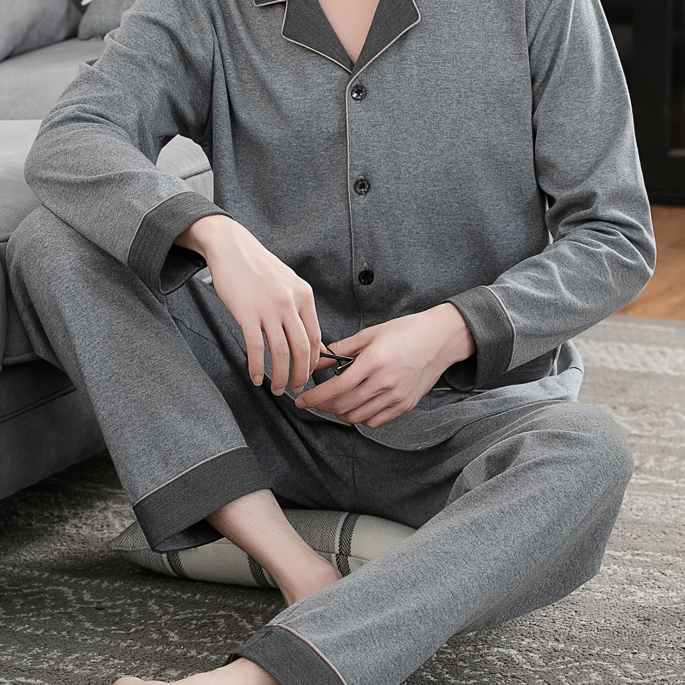 Mens Cotton Blend Pajama Set - Soft & Stretchy, Long Sleeve with Color Block Contrast, Comfy Loungewear for Year-Round Stylish Relaxation, Perfect for Spring/Fall