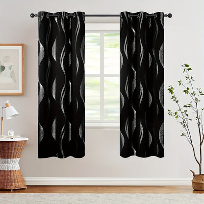 2PCS Luxurious Blackout Curtains with Grommet Top - Thermal Insulated, Noise Reducing, High Precision Bronzing Striped Wave Pattern for All-Season Room Darkening - Polyester Drapes for Bedroom and Living Room with Easy Installation