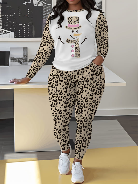 Ladies' Christmas suit, snowman print with leopard print, pants with pockets