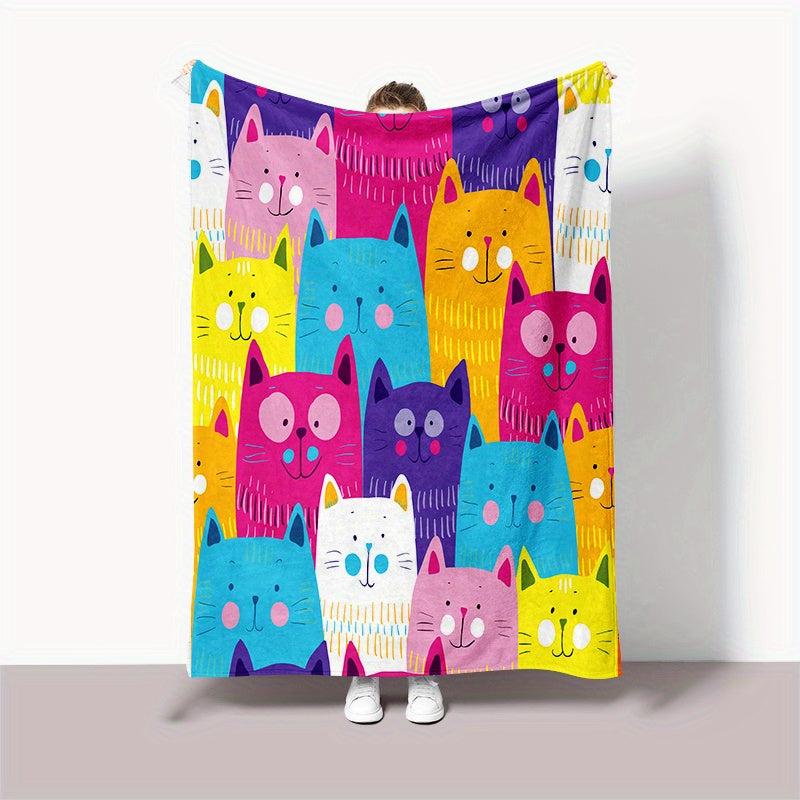 1pc Vibrant Cartoon Cat Print Soft Flannel Throw Blanket - Lightweight, Warm, and Cozy Bedding Cover for Camping, Picnic, Airplane Travel, Sofa, Couch, and Bed - Colorful, Fluffy, and Cute Animal Pattern