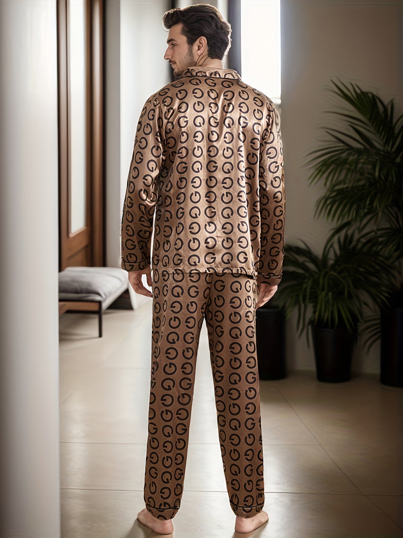 2 Pcs Men's Silky Trendy Geometric Print Open Front Long Sleeve & Trousers Pajama Sets, Comfortable & Skin-friendly Style Pajamas For Men's Cozy Loungewear