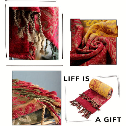 Boho Throw Blanket Chenille Jacquard Tassels Throw Blankets for Bed Couch Soft Chair Bohemian Fringe Tassels Red S:60x75