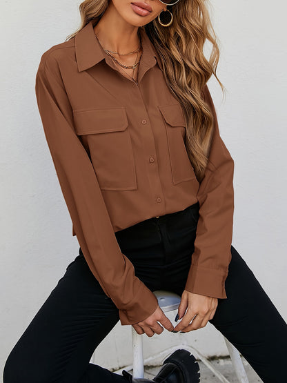 Plus Size Casual Blouse, Women's Plus Solid Button Up Long Sleeve Turn Down Collar Blouse With Pockets