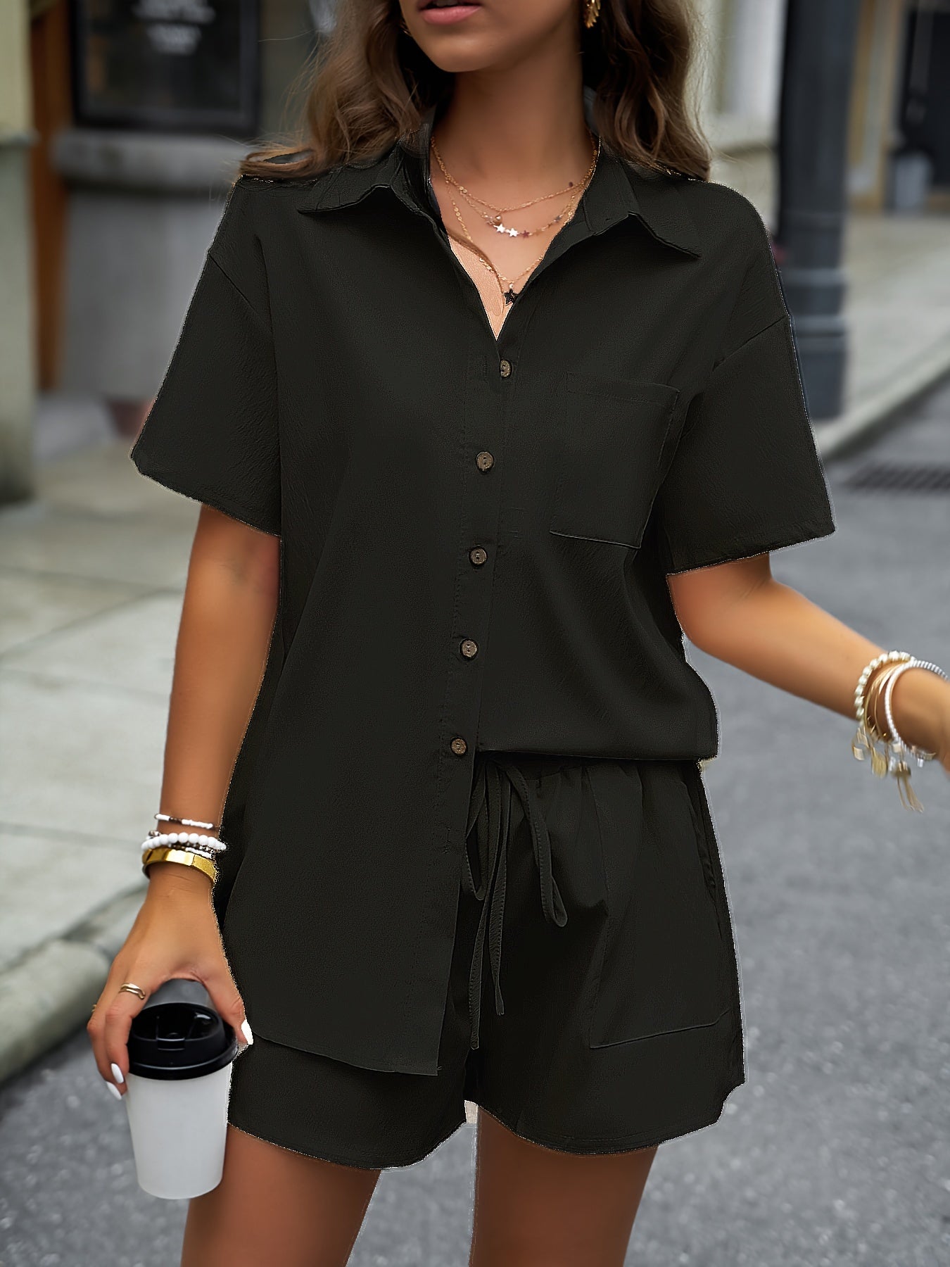 Two-Piece Solid Casual Outfit Set - Elegant Button Front Turn Down Collar Mid-Length Shirt & Drawstring Elastic Waist Shorts - Polyester Woven, Spring/Summer Wear, No Sheer, No Printing, Lace-Up Closure