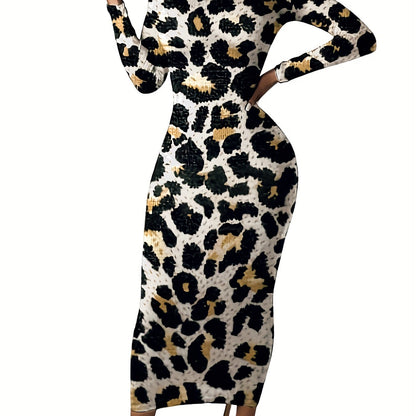 Leopard Print Chic Bodycon Dress - Comfortable Long Sleeve Crew Neck - Flattering Form-Fitting Style - Ideal for Casual Everyday Wear - Womens Fashion