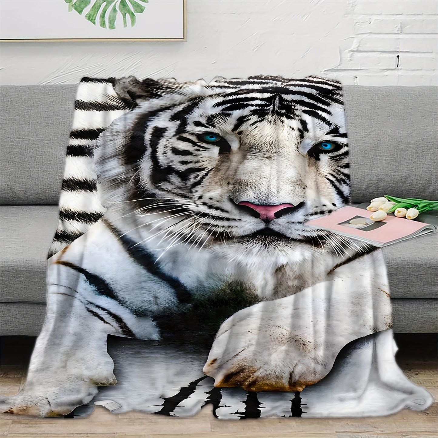 1pc White Tiger Printed Flannel Blanket - Luxuriously Soft & Cozy for Adults - Eye-Catching Design - Versatile Use at Home, Picnics, and Travel - Perfect Gift Option