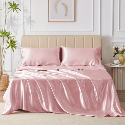 4-Piece Luxurious Satin Sheet Set - Soft, Silky Microfiber, Deep Pocket Fitted Sheet, Flat Sheet, and 2 Pillowcases for Ultimate Comfort and Smoothness - Breathable, Hypoallergenic, and Wrinkle-Resistant Bedding