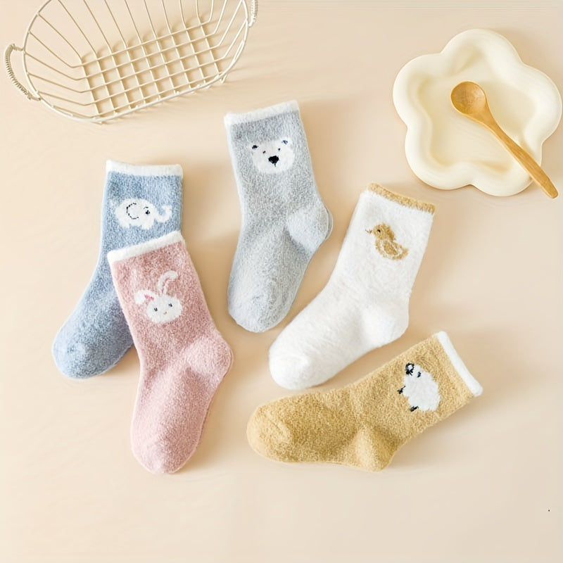 5 Pairs Of Baby Girl's Cute Animals Cartoon Pattern Knitted Socks, Thermal Comfy Breathable Soft Quarter Socks For Babies Winter & Autumn Wearing