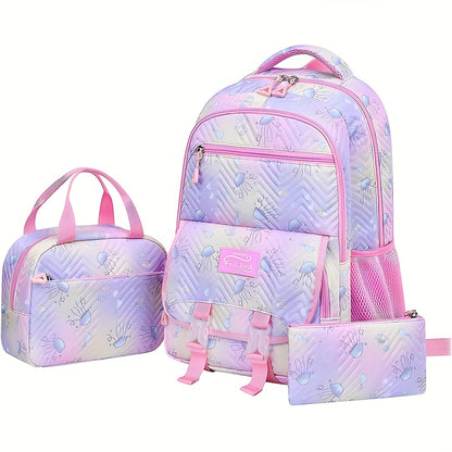 3pcs Whimsical Jellyfish Striped Backpack Set - Adjustable Strap, Zipper Closure, Polyester Lining, Random Printing - Preppy Fantasy Schoolbag with Lunch Box Bag and Pencil Case