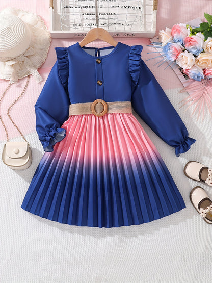 Gradient Color Girl's Ruffle Long-Sleeve Dress, Spring & Fall Vacation Party Casual A-line Dresses, Gift