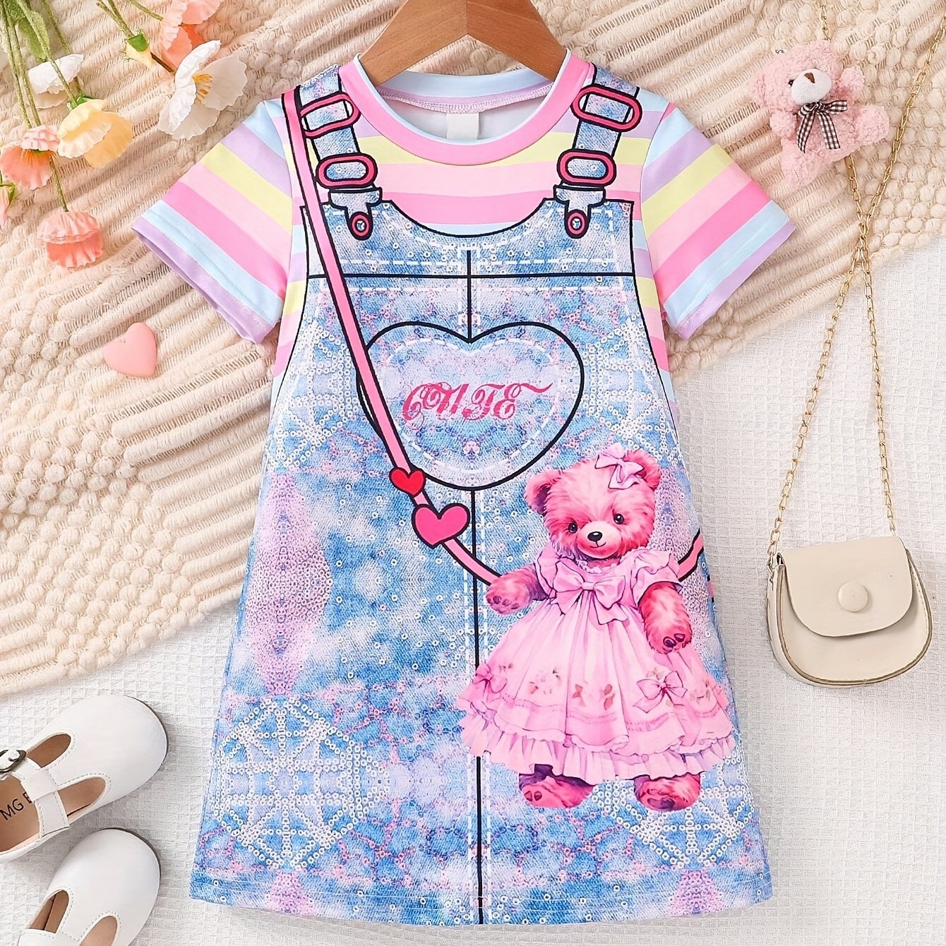 Adorable Bear Princess Print Girls Striped Short Sleeve T-Shirt Dress - Perfect for Summer Holidays & Casual Wear - A Fairy Tale Inspired Fashion for Little Girls