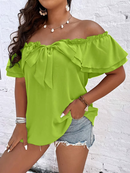 Plus Size Elegant Off The Shoulder Bow Tie Front Blouse - Non-Stretch Polyester Solid Color Summer Top with Layered Ruffle Trim and Elegant Style - Perfect for Womens Spring and Summer Outfit