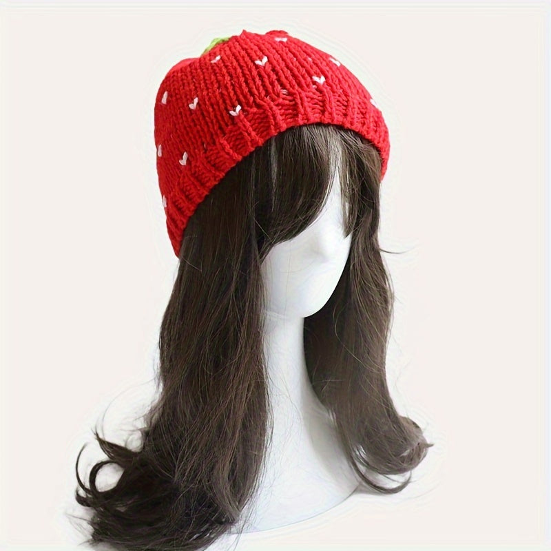 Adorable Red Strawberry Cartoon Beanie - Soft Knit Elastic Skull Cap for Warmth, Daily Wear, Autumn & Winter Use, Fashionable Women's Accessories