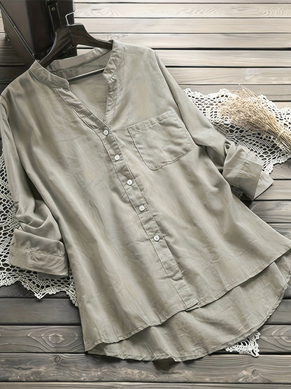 Plus Size Chic Button-Up Blouse - Long Sleeve, Notched Neck & Asymmetrical Hem - Versatile Casual Top