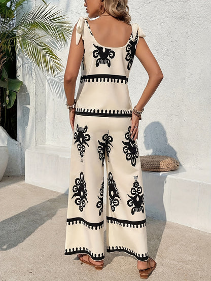 Tribal Print Pantsuit Outfit - Chic Knot Strap, Flattering V Neck, Sultry Backless Tank Top, Flowy Wide Leg, Convenient Pocket Pants - Stylish Womens Clothing for Fashion-Conscious Individuals