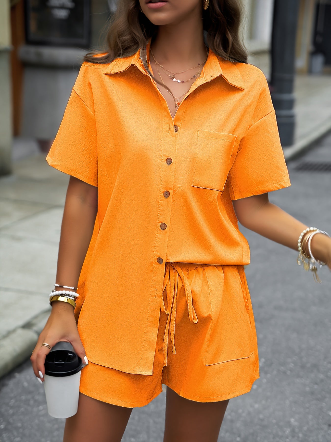 Two-Piece Solid Casual Outfit Set - Elegant Button Front Turn Down Collar Mid-Length Shirt & Drawstring Elastic Waist Shorts - Polyester Woven, Spring/Summer Wear, No Sheer, No Printing, Lace-Up Closure