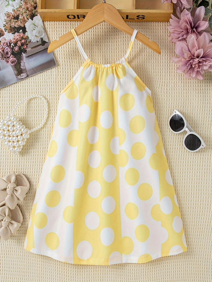 Girls Charming Polka Dot Summer Dress - Chic Thin Straps, Sleeveless, Vibrant Print, Regular Fit, Knee-Length - Ideal for Stylish Casual Outings