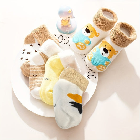 5pairs Baby Boys Girls Kids Thickened Warm Socks Shoes For Autumn Winter, Cartoon Pattern Cute Floor Socks, Toddlers Newborn Infants Children's Trendy Socks