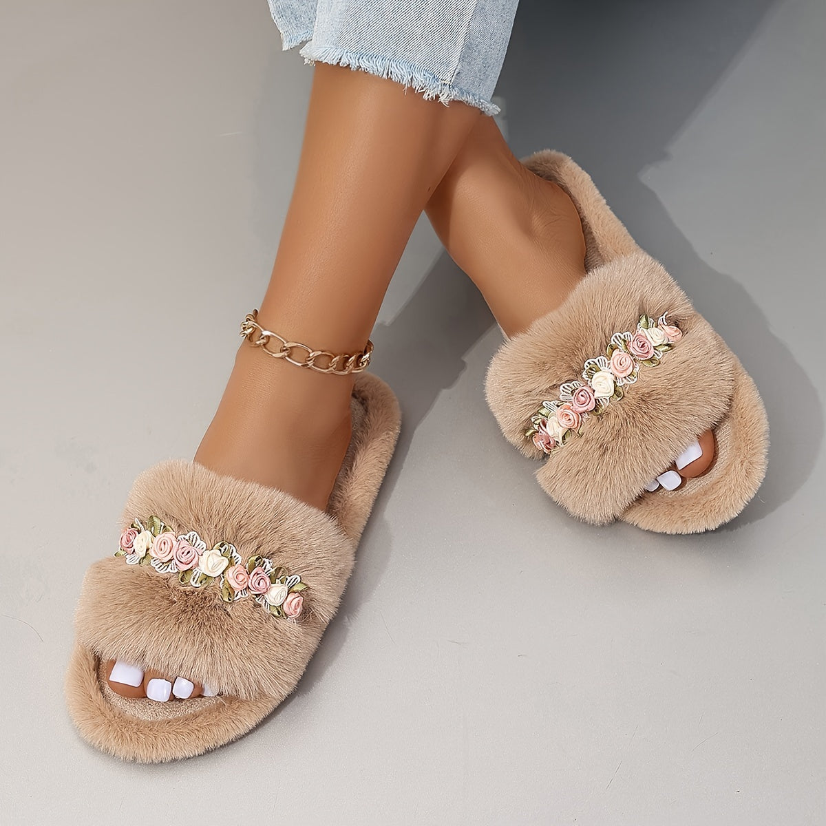 Flower Decor Fluffy Slippers, Casual Open Toe Plush Shoes, Comfortable Indoor Home Slippers