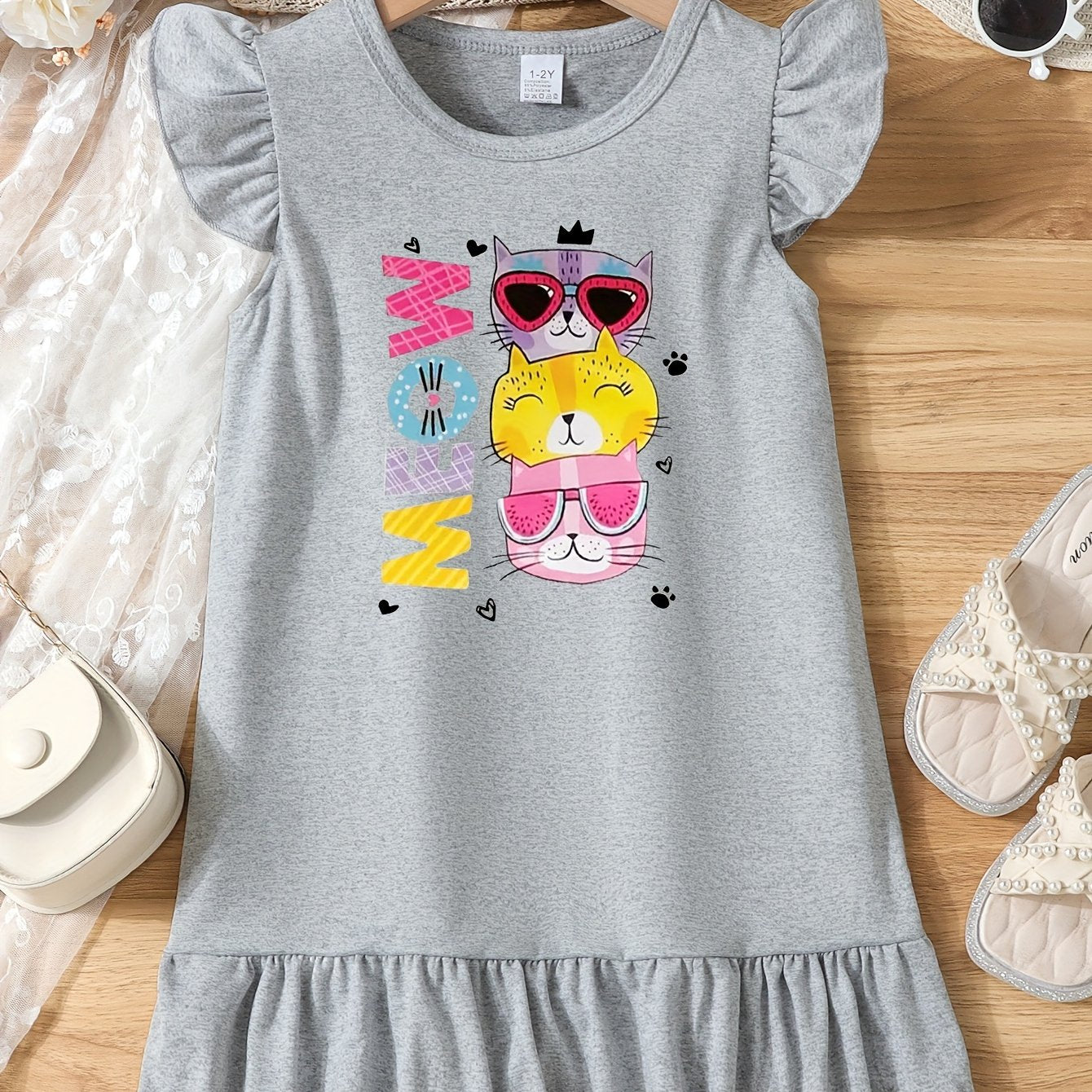 Casual Cartoon Cat Ruffle Trim Crew Neck Dress for Girls - Vibrant Graphic Print, Flying Sleeve, Trendy Summer Outfit - Fun and Playful Design for Little Fashionistas