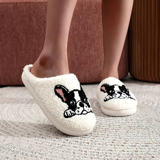 Men's Bulldog Pattern Hollow Out Fuzzy Slippers, Comfy Non Slip Casual Thermal Slides, Men's Winter Indoor Footwear