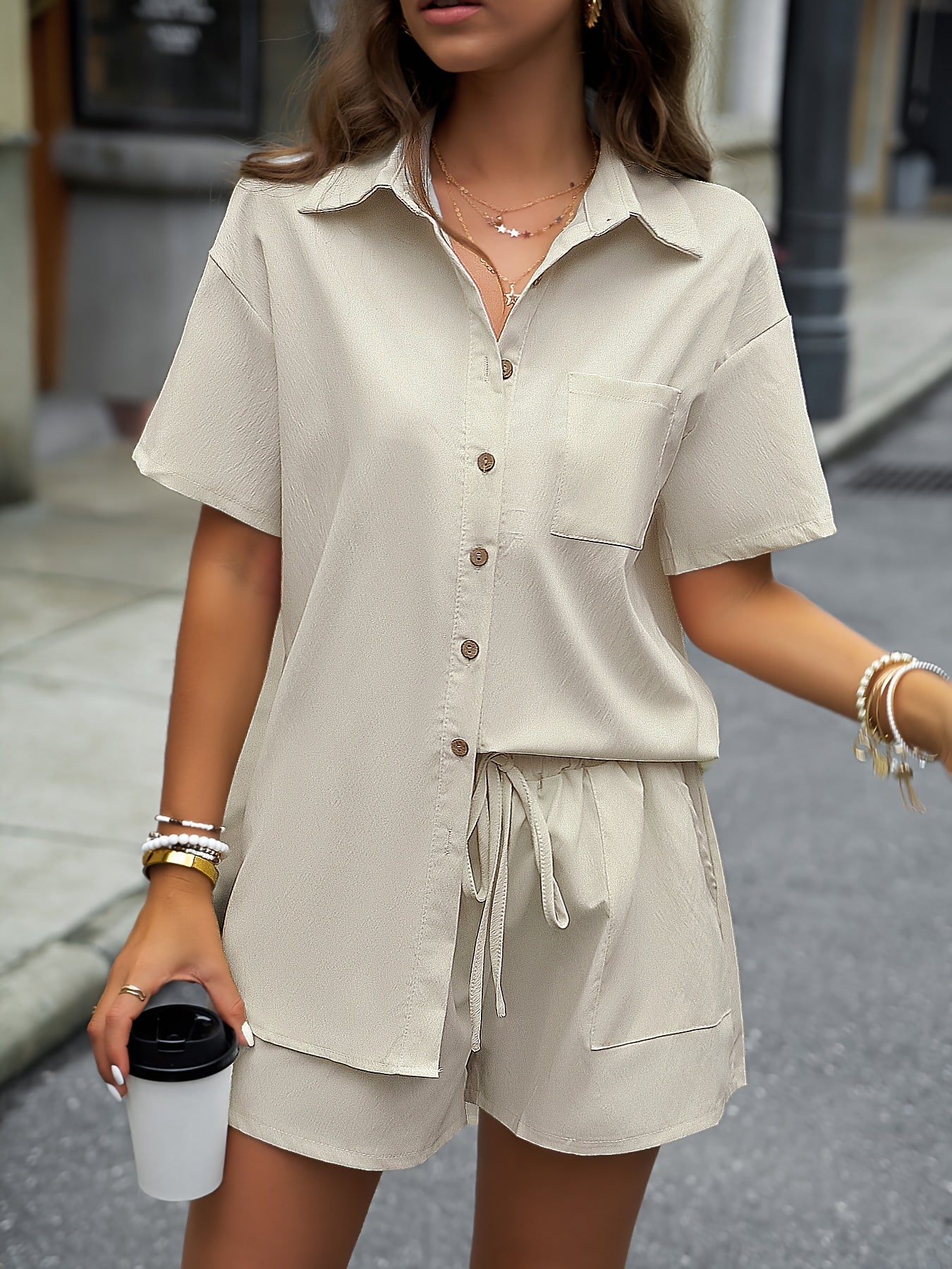 Two-Piece Solid Casual Outfit Set - Elegant Button Front Turn Down Collar Mid-Length Shirt & Drawstring Elastic Waist Shorts - Polyester Woven, Spring/Summer Wear, No Sheer, No Printing, Lace-Up Closure