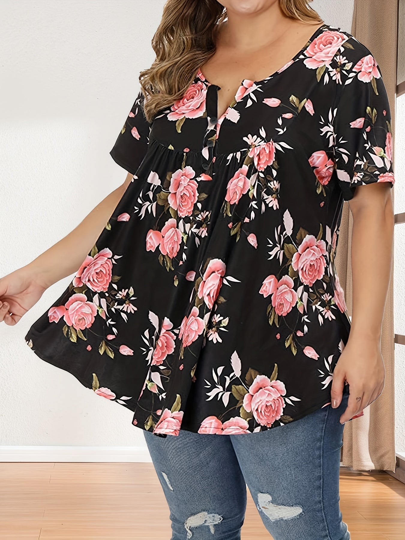 Plus Size Womens Floral Print Polo Collar Short Sleeve Casual Blouse - Button Front, Non-Stretch Polyester, Round Neck, Random Print, Summer Top - Easy Wear, Relaxed Fit, Classic Style