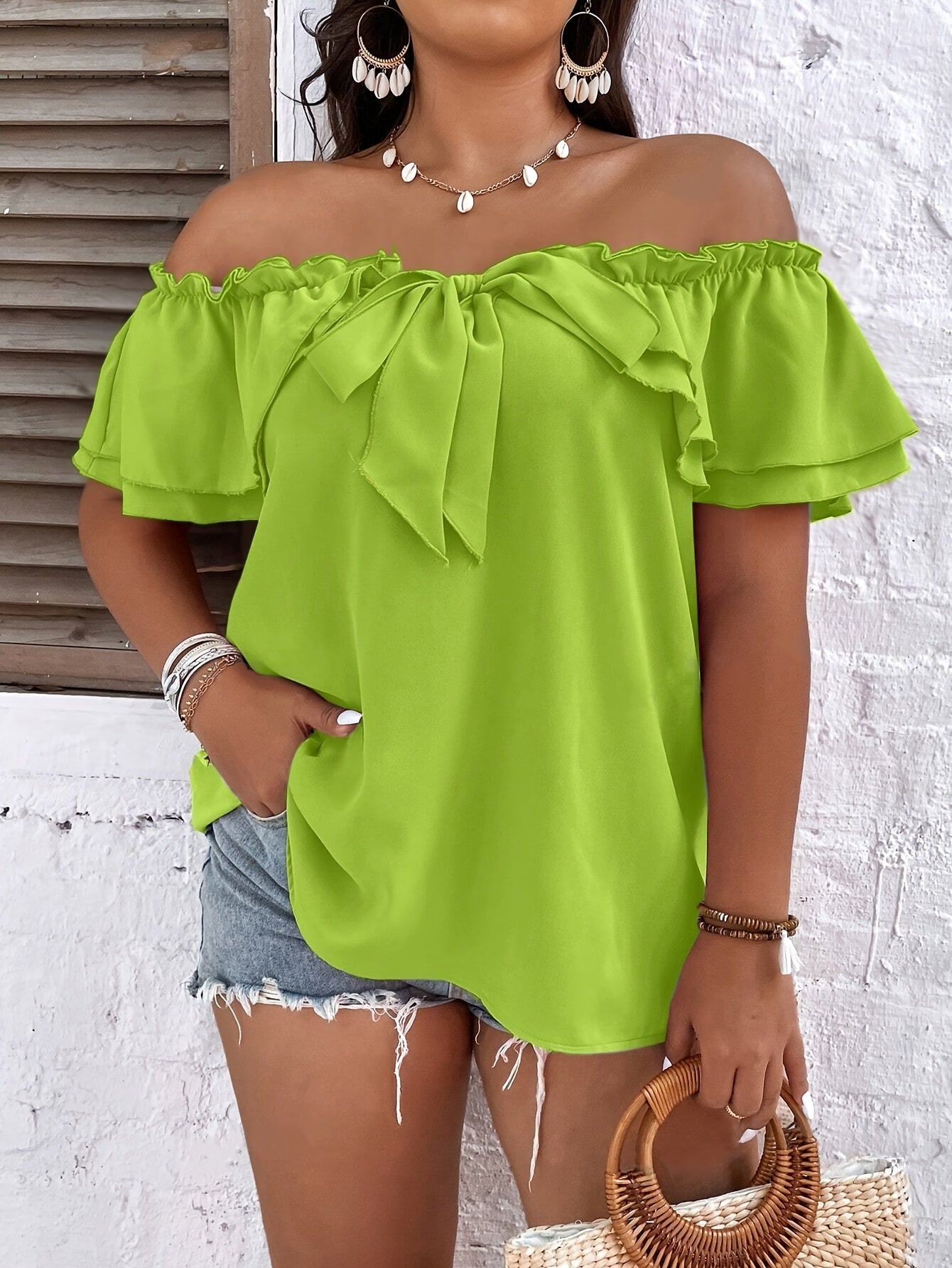 Plus Size Elegant Off The Shoulder Bow Tie Front Blouse - Non-Stretch Polyester Solid Color Summer Top with Layered Ruffle Trim and Elegant Style - Perfect for Womens Spring and Summer Outfit