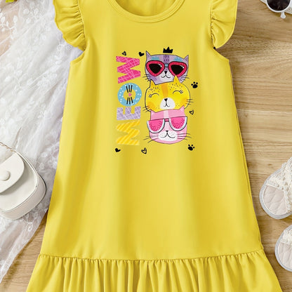 Casual Cartoon Cat Ruffle Trim Crew Neck Dress for Girls - Vibrant Graphic Print, Flying Sleeve, Trendy Summer Outfit - Fun and Playful Design for Little Fashionistas