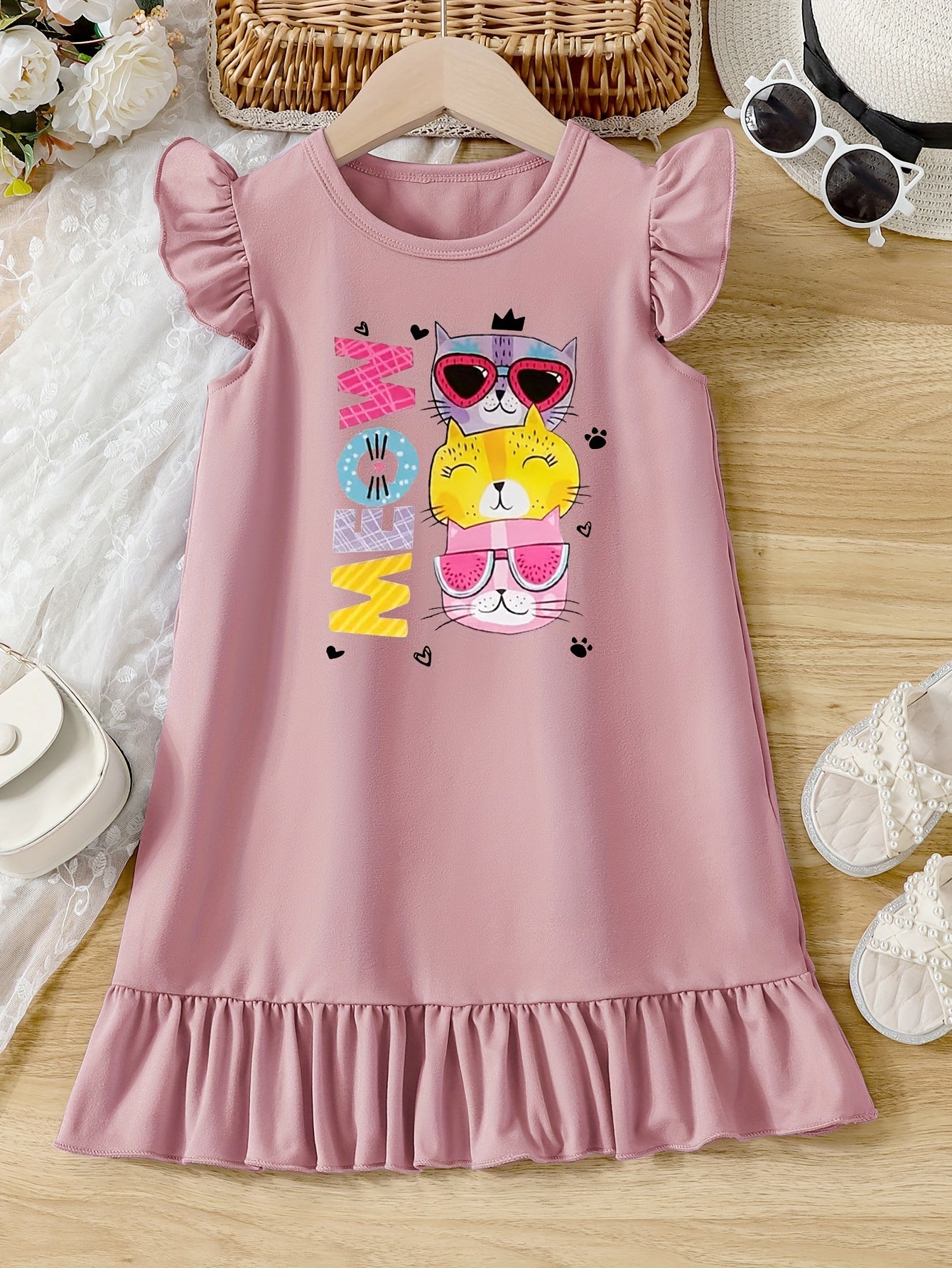 Casual Cartoon Cat Ruffle Trim Crew Neck Dress for Girls - Vibrant Graphic Print, Flying Sleeve, Trendy Summer Outfit - Fun and Playful Design for Little Fashionistas