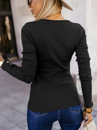 Charming Heart Button Accent Long Sleeve Tee - Cozy & Versatile, Perfect for Spring & Fall - Women's Fashion