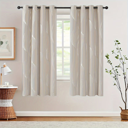 2PCS Luxurious Blackout Curtains with Grommet Top - Thermal Insulated, Noise Reducing, High Precision Bronzing Striped Wave Pattern for All-Season Room Darkening - Polyester Drapes for Bedroom and Living Room with Easy Installation