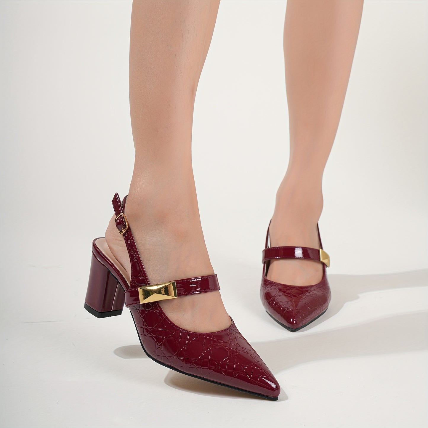 Chic Block Heel Pumps with Non-Slip Grip, Elegant Ankle Buckle & Geometric Print - Perfect All-Season Party Shoe for Women