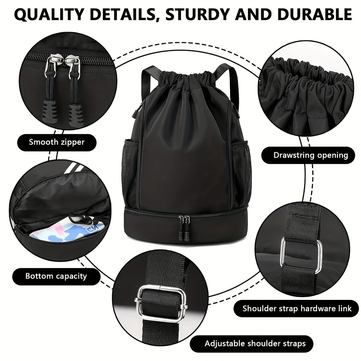 Generously Sized Drawstring Backpack - Universally Stylish Sport Bag with Comfort-Fit Adjustable Straps and Organized Compartments - Perfect for Outdoors, Beach, Basketball, School - Built-to-Last Athletic Gym Bag