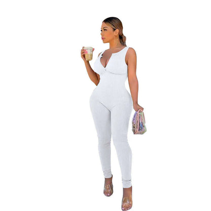 women  fashion v-neck summer jumpsuits solid color backless one-piece sleeveless trousers rompers bodysuit