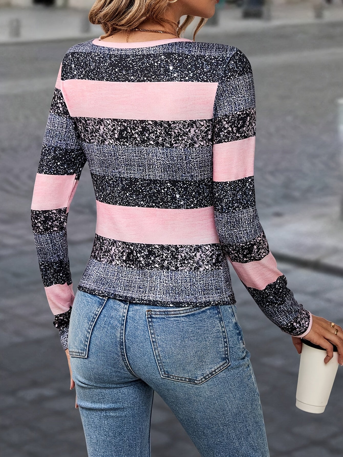 Elegant Striped Long Sleeve T-Shirt for Women - Crew Neck, Color Block Design, Machine Washable - Perfect for Spring & Fall