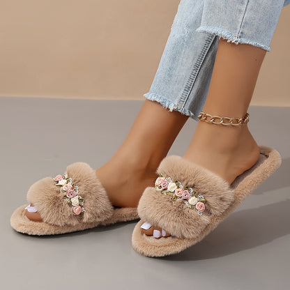 Flower Decor Fluffy Slippers, Casual Open Toe Plush Shoes, Comfortable Indoor Home Slippers