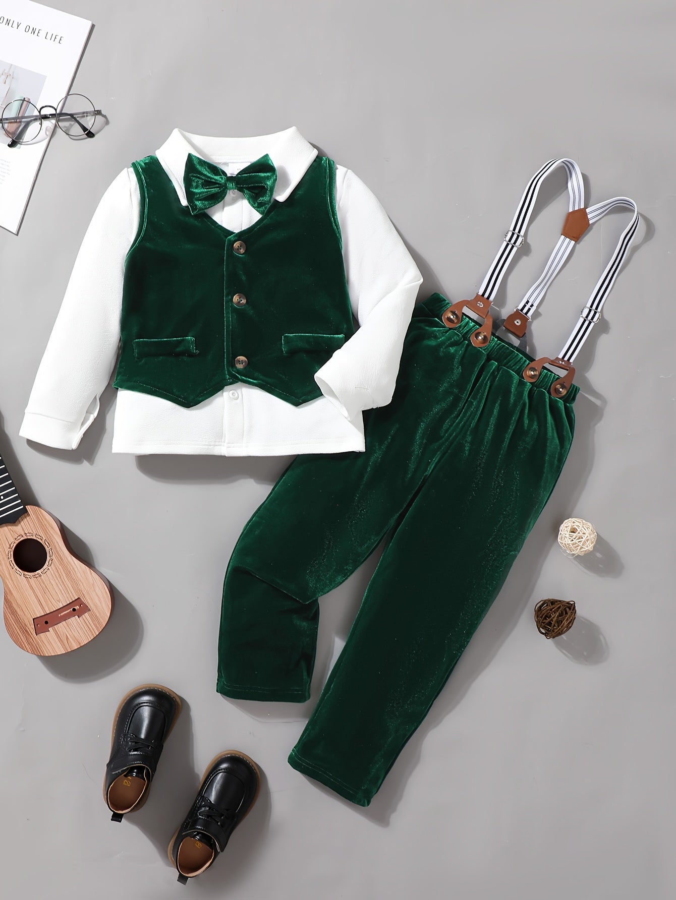 Boys' Velvet Christmas Outfit Set - Long Sleeve Shirt, Detachable Suspender Pants & Vest with Bow Tie | Perfect for Holiday Parties & Gifts