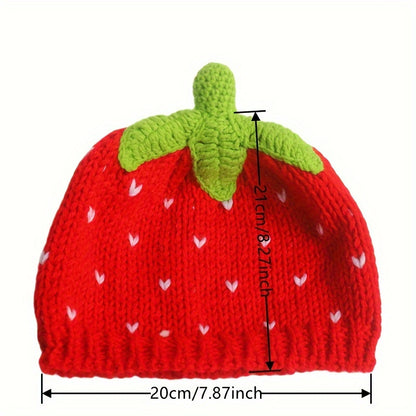 Adorable Red Strawberry Cartoon Beanie - Soft Knit Elastic Skull Cap for Warmth, Daily Wear, Autumn & Winter Use, Fashionable Women's Accessories