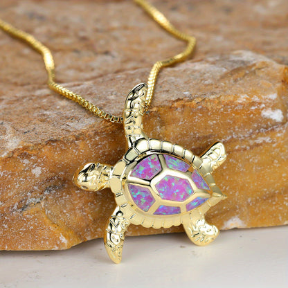 Ocean Turtle Design Pendant Necklace Inlaid Opal, For Summer Beach Seaside Vacation Travel Neck Jewelry Gift