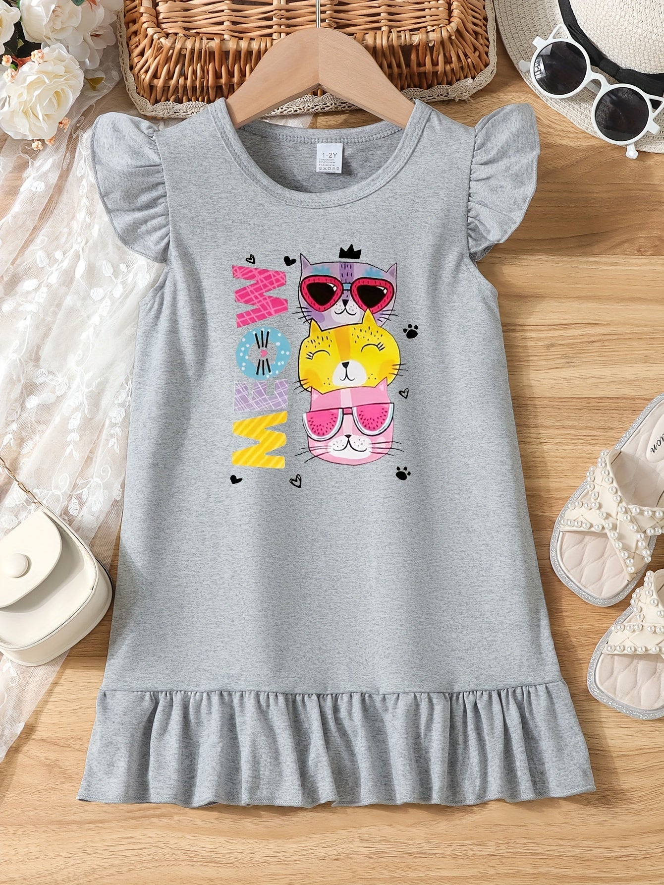 Casual Cartoon Cat Ruffle Trim Crew Neck Dress for Girls - Vibrant Graphic Print, Flying Sleeve, Trendy Summer Outfit - Fun and Playful Design for Little Fashionistas