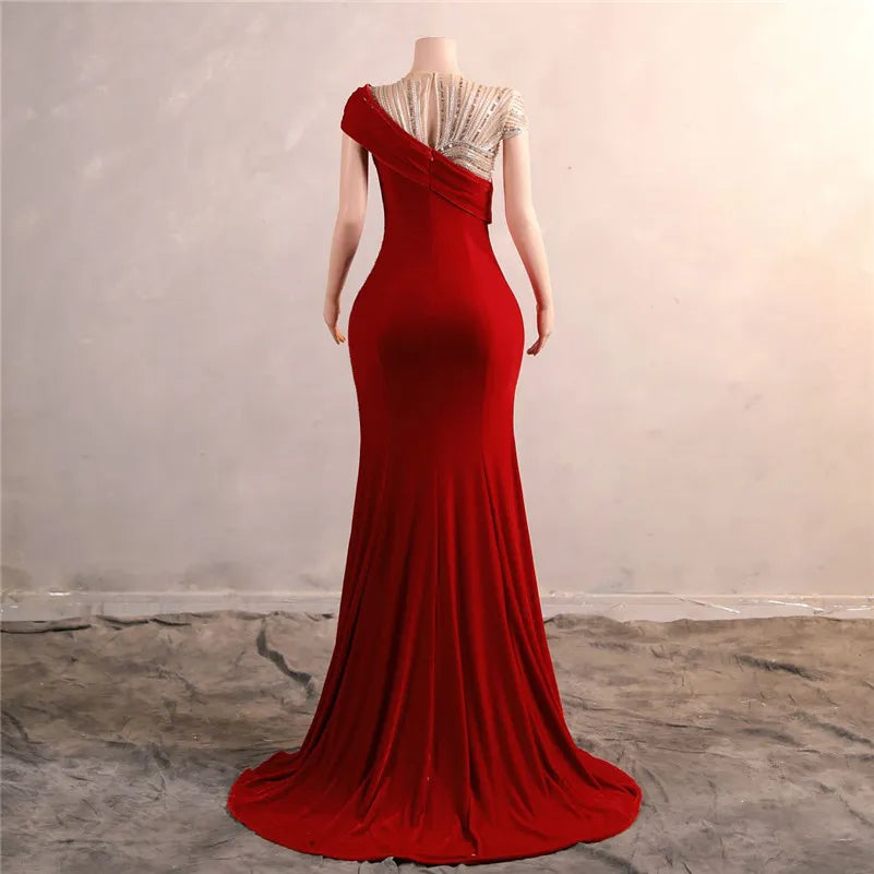 New Arrival Red Formal Evening Dresses  Sheer Cap Sleeve Beadings Sequins Long Party Prom Gowns For New Years Dress BM3508