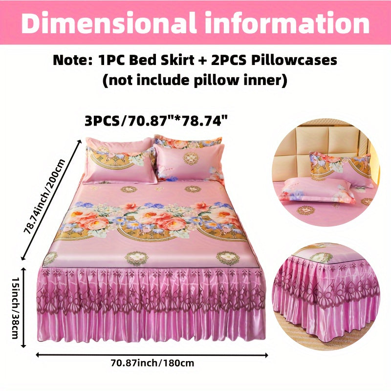 2PCS/3PCS New Full Lace Hem Bed Skirt, Jacquard Ice Silk Mat, Softness and Comfort, Folding, Machine Wash, Mattress Cover, Bedding Set, Bedroom Guest Room Bedding, Single, Double, Multiple Sizes(1PC Bed Skirt + 1PC/2PCS Pillowcases, Without Core)