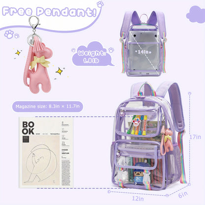 Clear Backpack for Girls Cute Transparent Heavy Duty Kid School Book Bags with Reinforced Padded Straps and Complimentary Gift (purple)