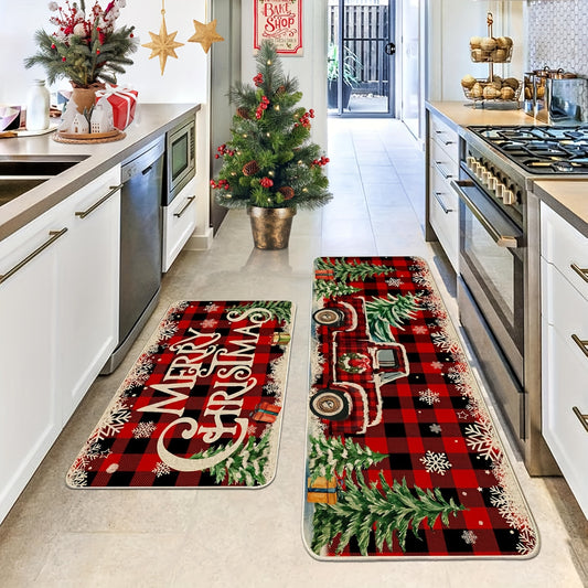 2-Piece Christmas Kitchen Rug Set - Vibrant Red Truck and Buffalo Plaid Non-Slip Washable Polyester Holiday Mats for Home and Bathroom Interior Decor with Easy Cleaning and Durable Construction (40x60cm & 40x120cm)