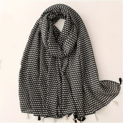 Black White Houndstooth Scarf Thin Breathable Tassel Shawl Casual Windproof Travel Scarf For Women