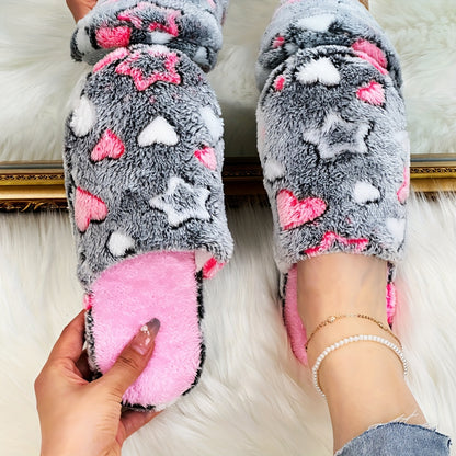 Cozy & Quiet Plush Women's Slippers - Warm, Non-Slip Indoor Shoes with Heart Pattern for Winter Comfort